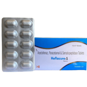 Aceclofenac 100mg , Paracetamol 325mg and Serratiopeptidase 15mg | Brand - Heflacure-S | Manufacturer - HECURE PHARMA | Pack of 1x10 Tab