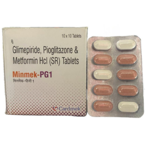 Glimepiride , Pioglitazone Hydrochloride & Metformine Hydrochloride (Sustained Release) Tablets | Brand - Minmek-PG1 | Manufacturer - CARDMEK | Pack of 1x10 Tab