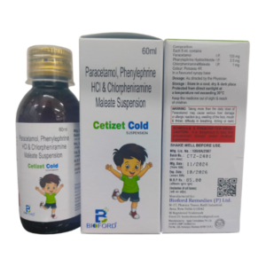 Anti-cold Syrup - Paracetamol 125mg, Chlorpheniramine Maleate 1mg & Phenylephrine HCl 2.5mg Syrup | Brand - Cetizet Cold | Manufacturer - Bioford| Pack of 60ml Syrup